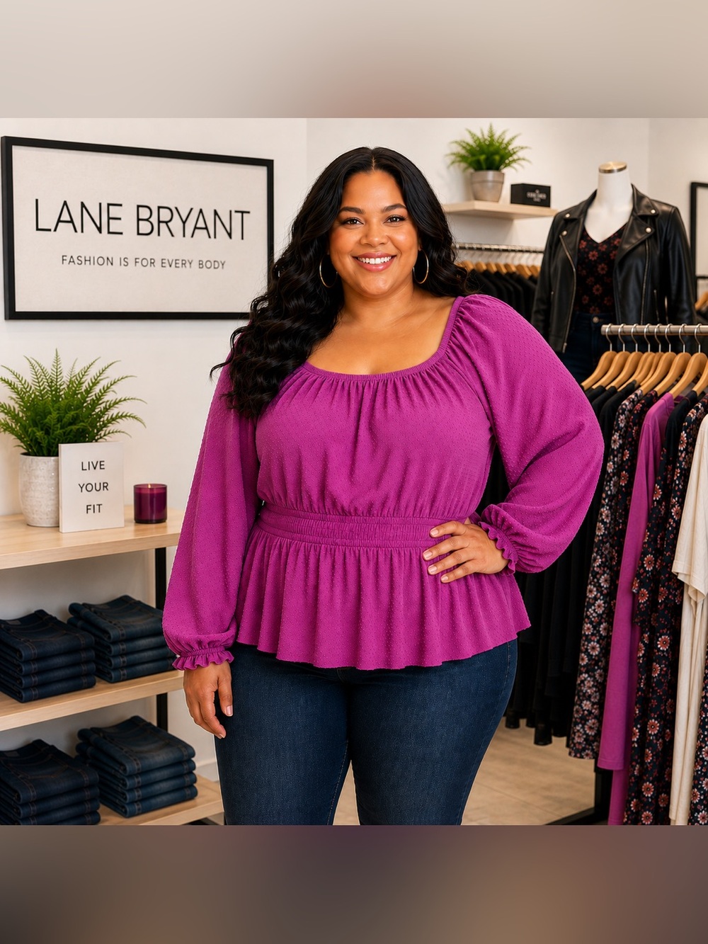 Lane Bryant Fuchsia Pink Flutter Sleeve Smocked Blouse